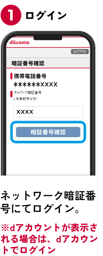 ①ログイン ネットワーク暗証番号にてログイン。※dアカウントが表示される場合は、dアカウントでログイン